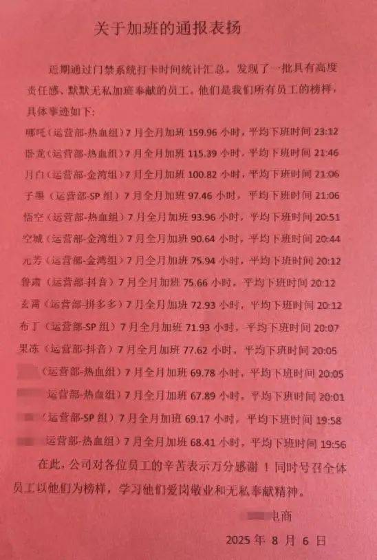 上海一公司通报加班表扬名单，最高时长近160小时，工作人员称非强制，需申请会有加班费