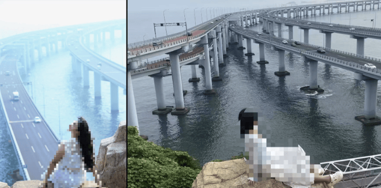 大连一跨海大桥观景台有游客翻栏杆踩空心造景石拍照,当地回应